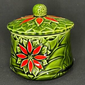 Vintage Enesco Green Poinsettia Christmas Bowl with Lid Sugar/Candy/Cookie/Nut